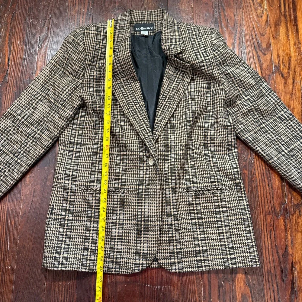 Vintage Sag Harbor Blazer Womens 14 Brown Black Houndstooth Academia Wool Grunge